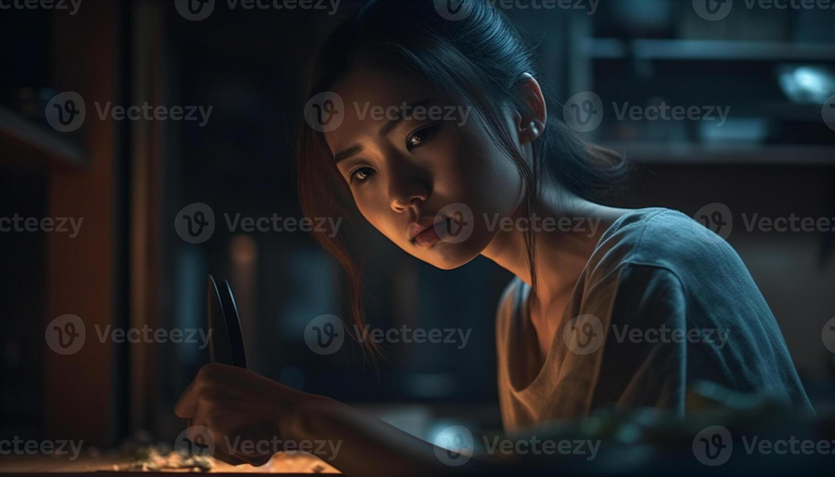 AI generated Young woman sitting at table, working on laptop, indoors generated by AI photo