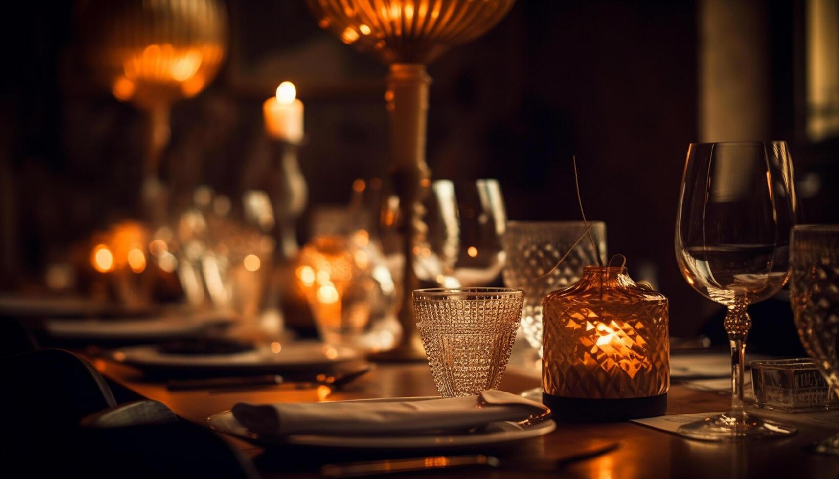 AI generated Luxury celebration candlelight, wineglass, elegance, illuminated, romance, silverware, glass, decor, party generated by AI photo