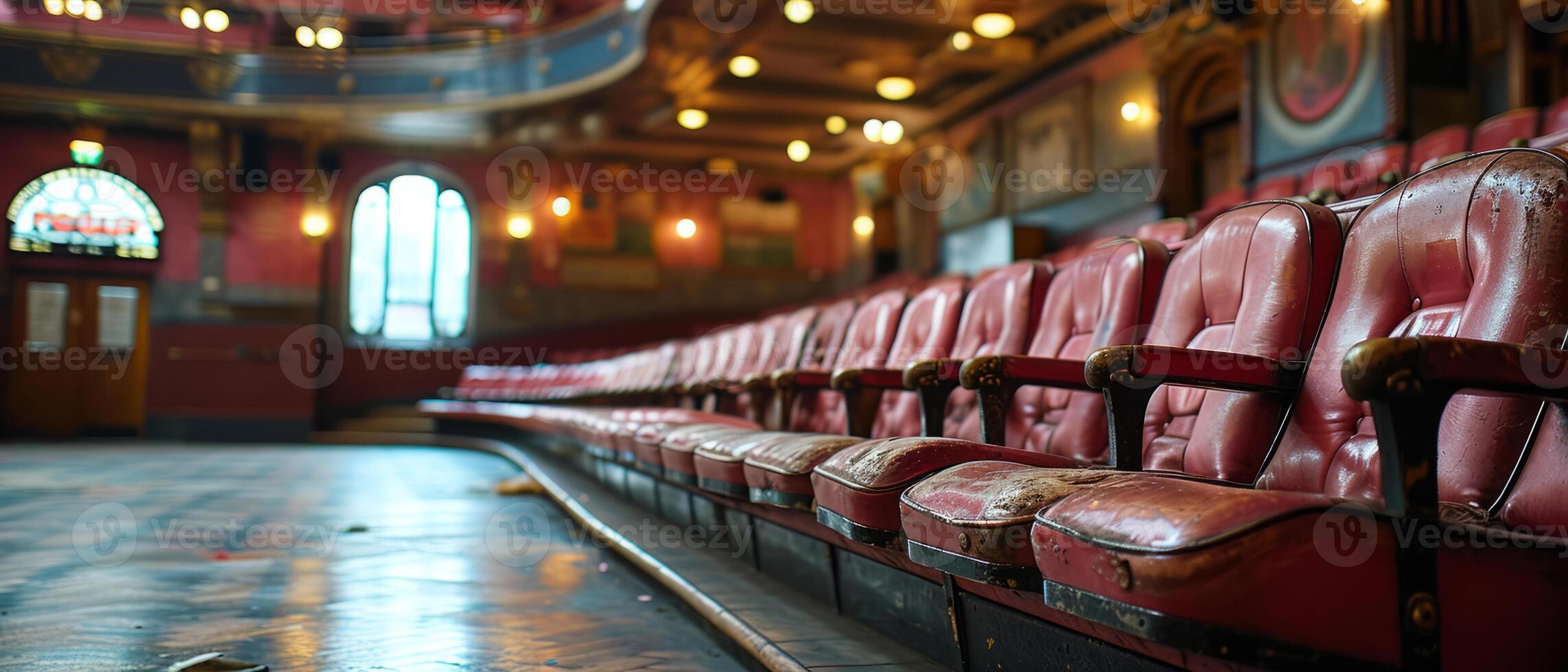 AI generated Empty historic cinema hall with rows of worn pink seats and ambient lighting photo