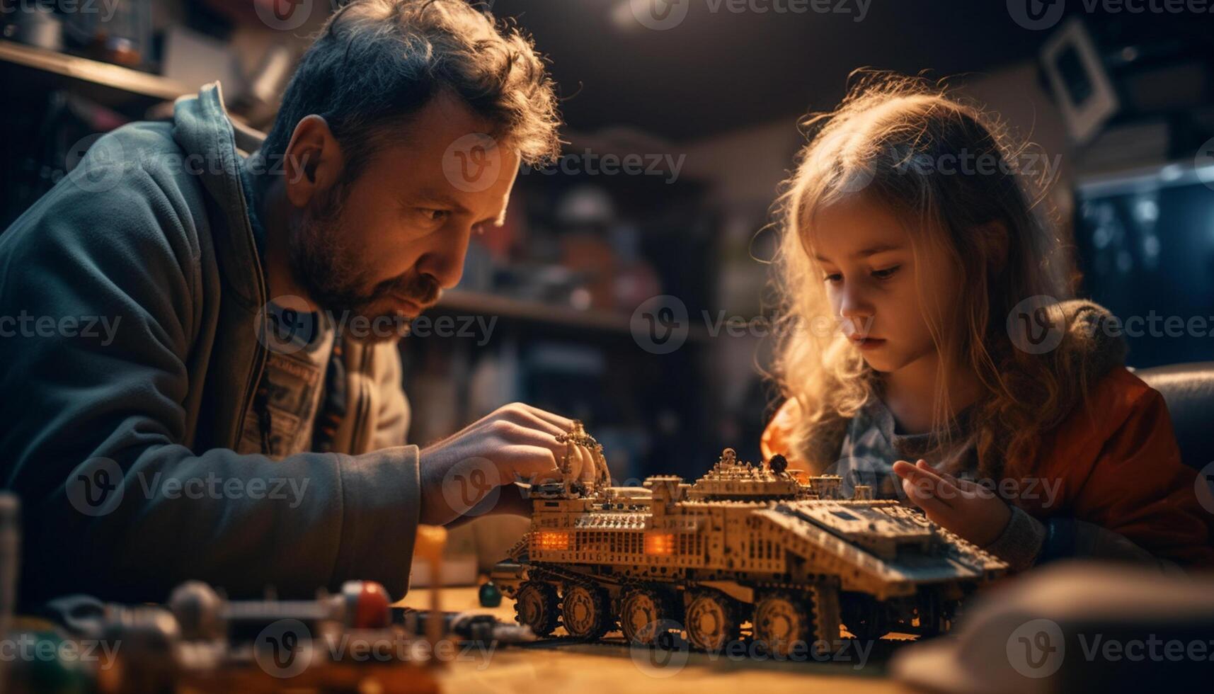 AI generated Father and son bonding, working together in a construction workshop generated by AI photo