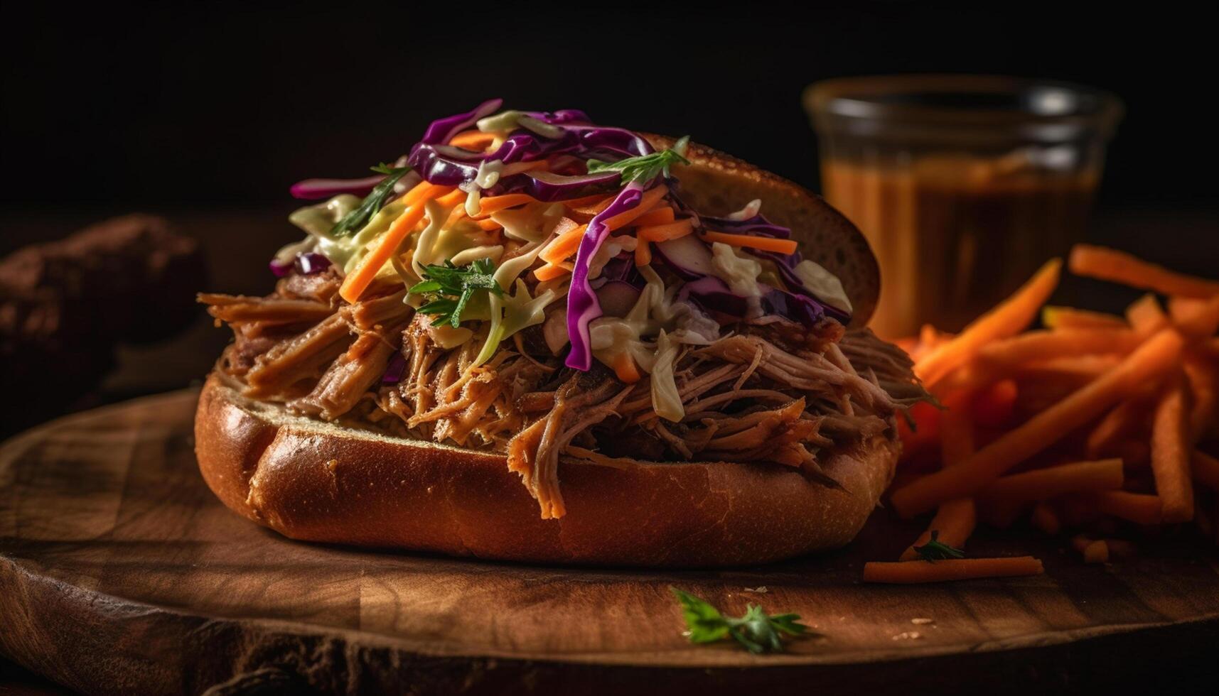 AI generated Grilled beef sandwich with coleslaw, fries, and homemade barbecue sauce generated by AI photo