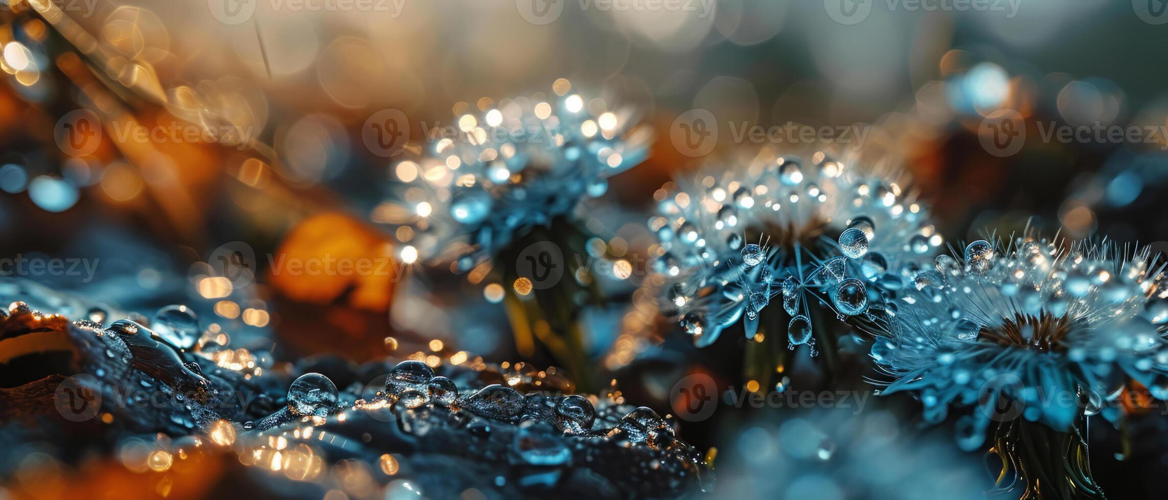 AI generated Macro shot of dew-covered dandelions backlit by the warm glow of the sunrise, creating a bokeh effect photo
