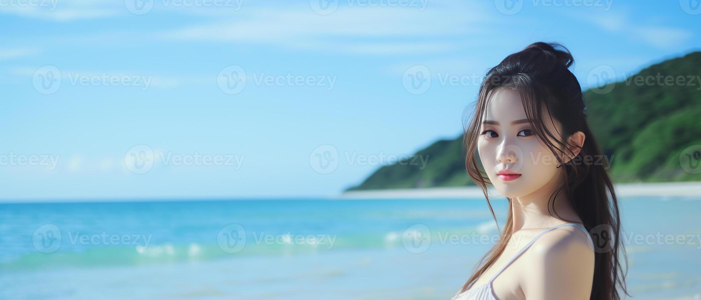 ai generado sereno playa retrato de asiático mujer foto