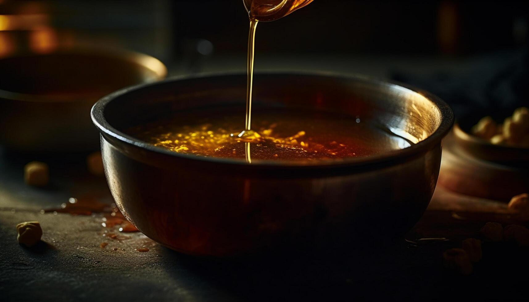 AI generated Pouring honey into a bowl, sweet liquid for homemade dessert generated by AI photo