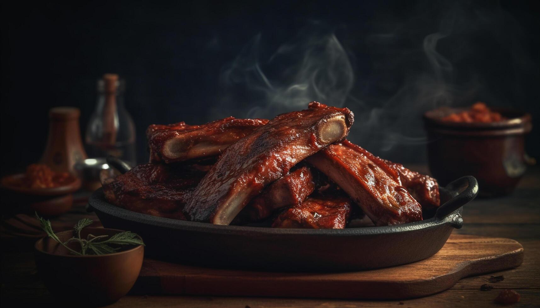 ai generado A la parrilla Cerdo filete en madera, cocido con natural fuego calor generado por ai foto