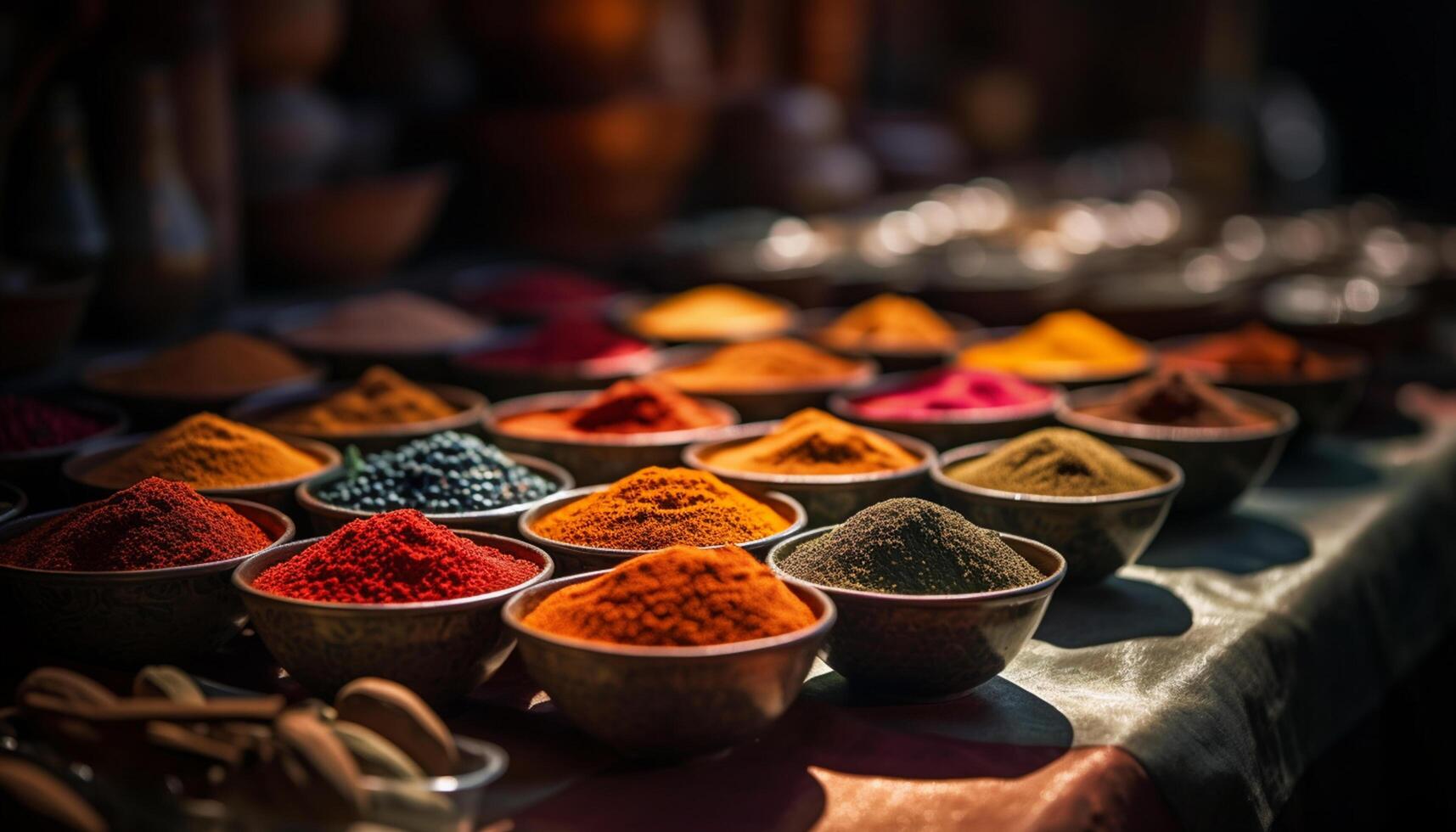 AI generated Multi colored spices in a row, selling at an Indian spice store generated by AI photo