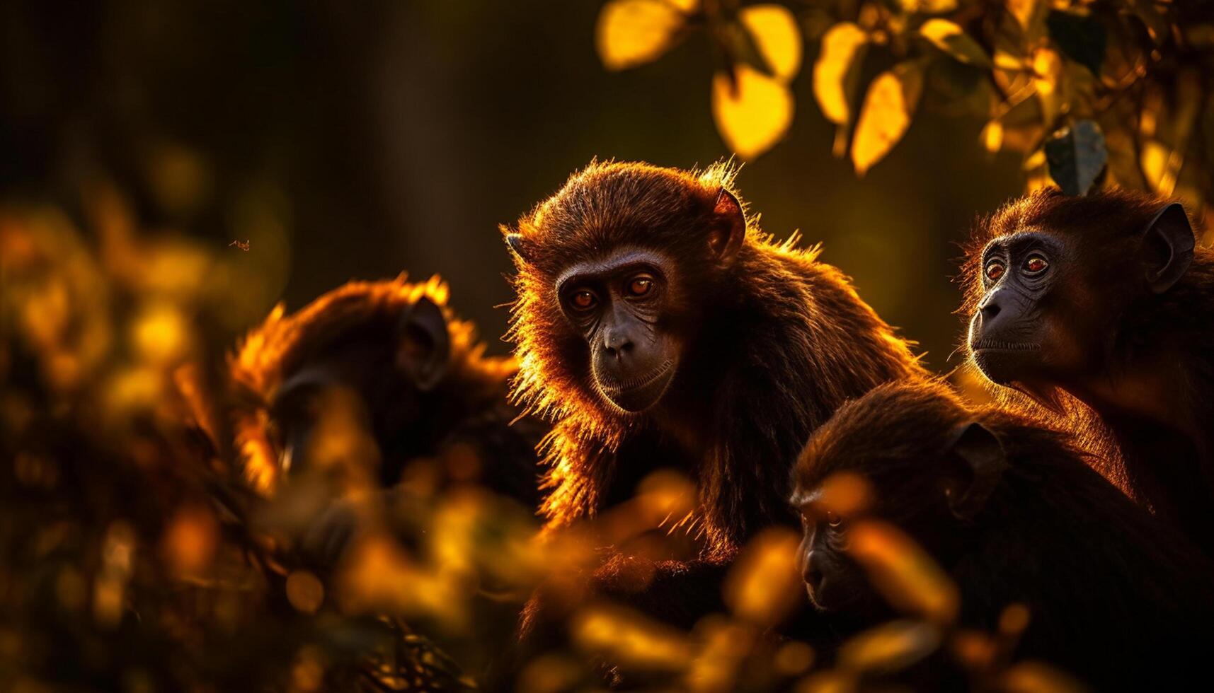 AI generated Cute monkey sitting on tree, looking at sunset in Africa generated by AI photo