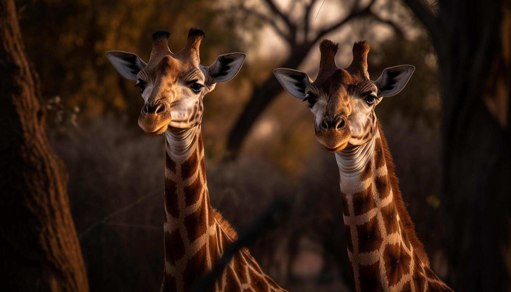 AI generated Giraffe in nature, close up portrait, looking at camera, standing generated by AI photo