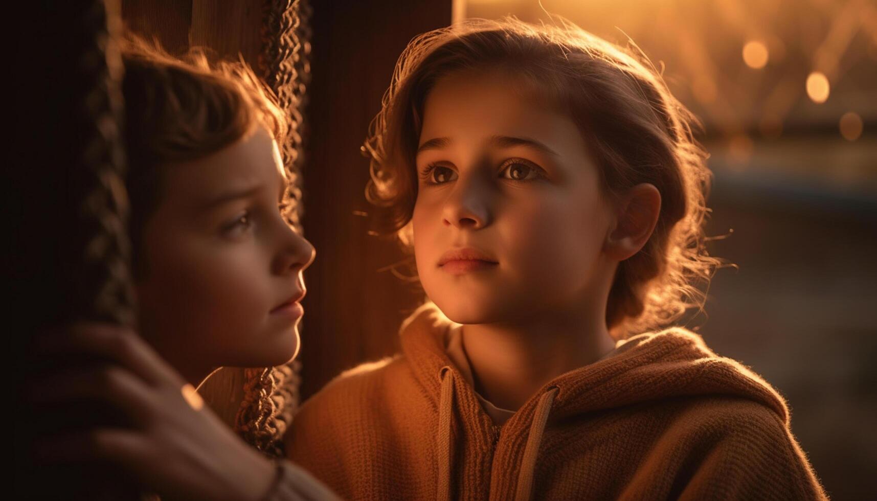 AI generated Two children, one boy and one girl, smiling outdoors at dusk generated by AI photo