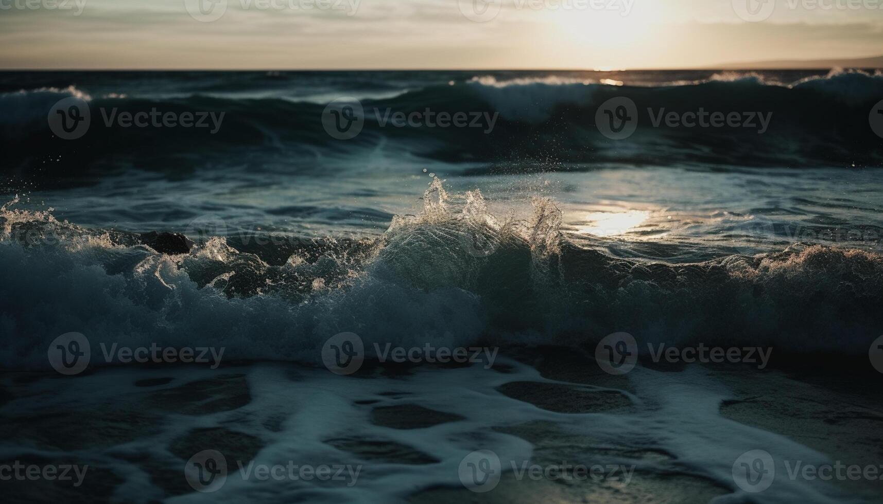 AI generated Sunset over the tranquil coastline, waves splashing generated by AI photo