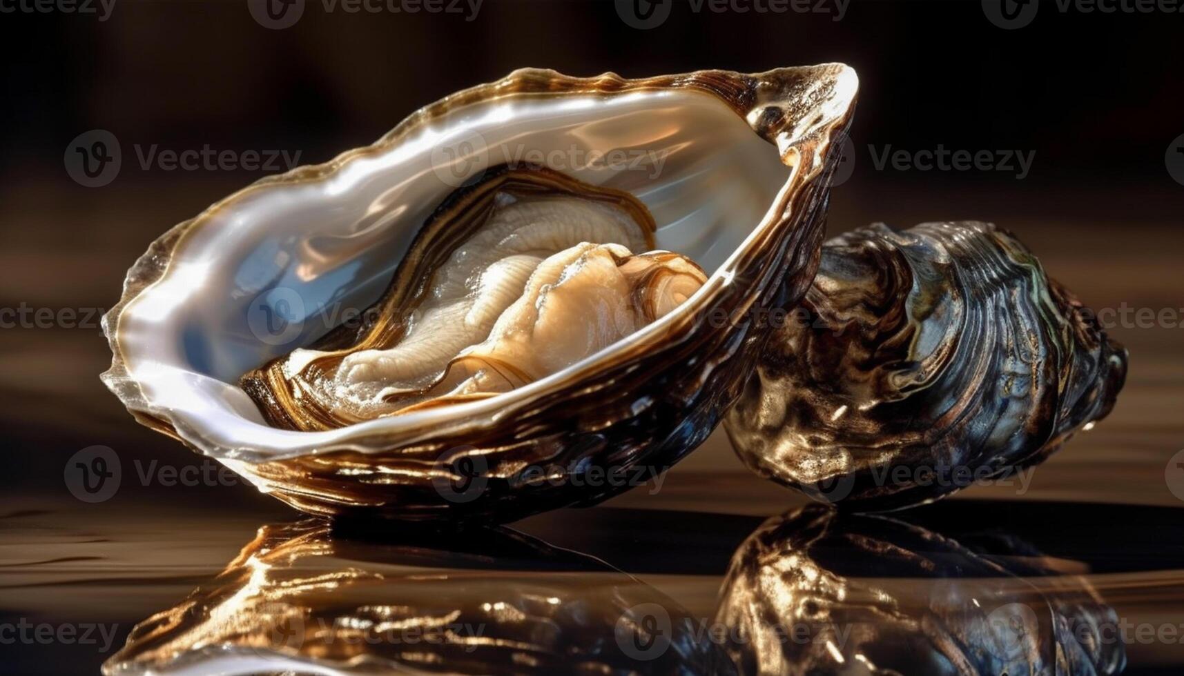 AI generated Fresh seafood, close up oyster, scallop, mussel, and conch shell generated by AI photo