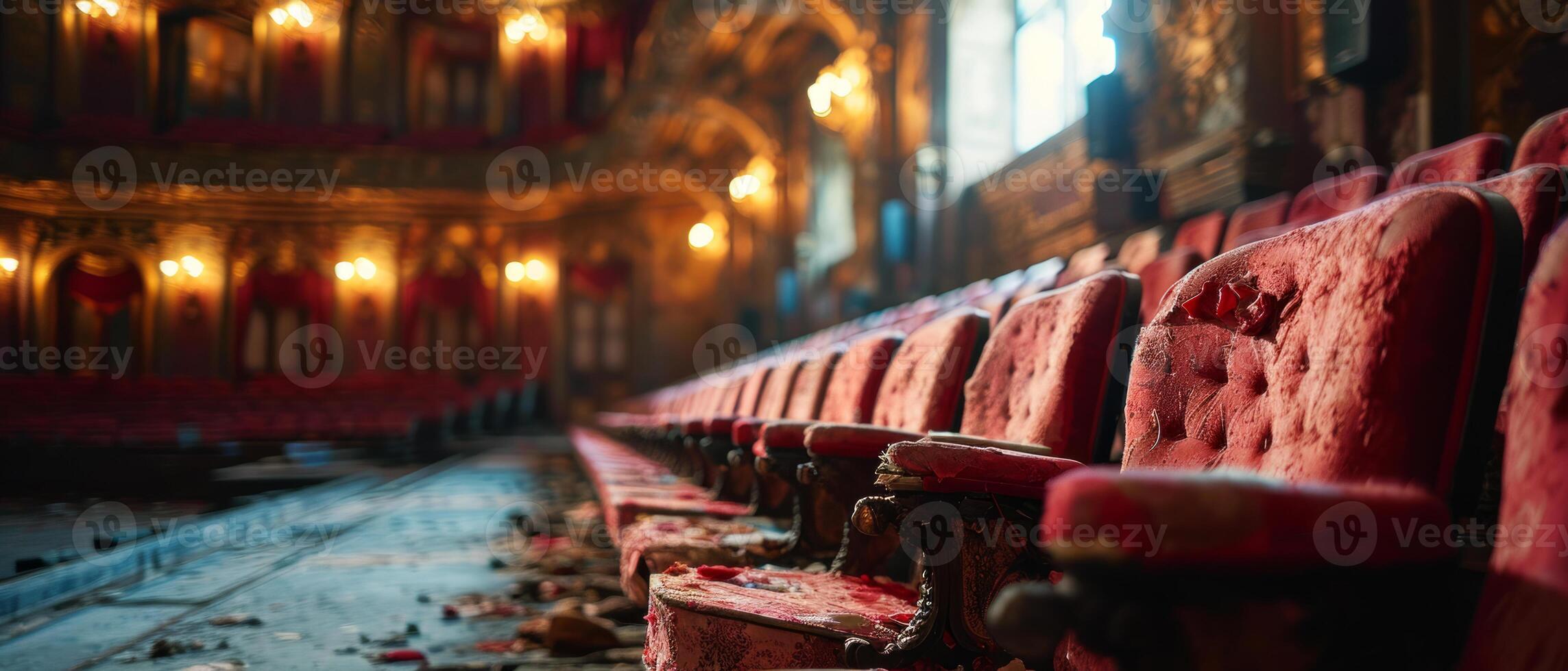 AI generated Decayed and tattered pink seats in an abandoned theater bask in the nostalgia of past grandeur photo