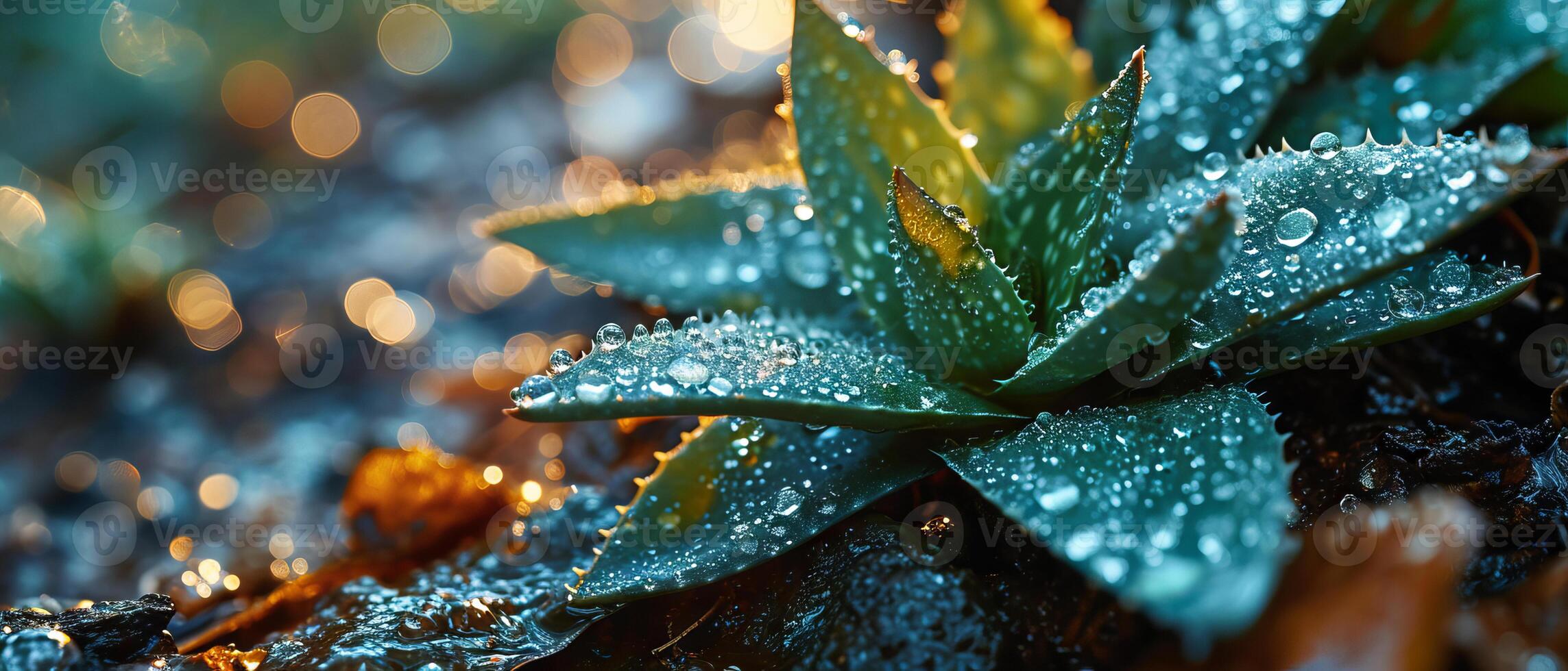 AI generated A detailed view of a aloe plant with water droplets glistening on its surface photo