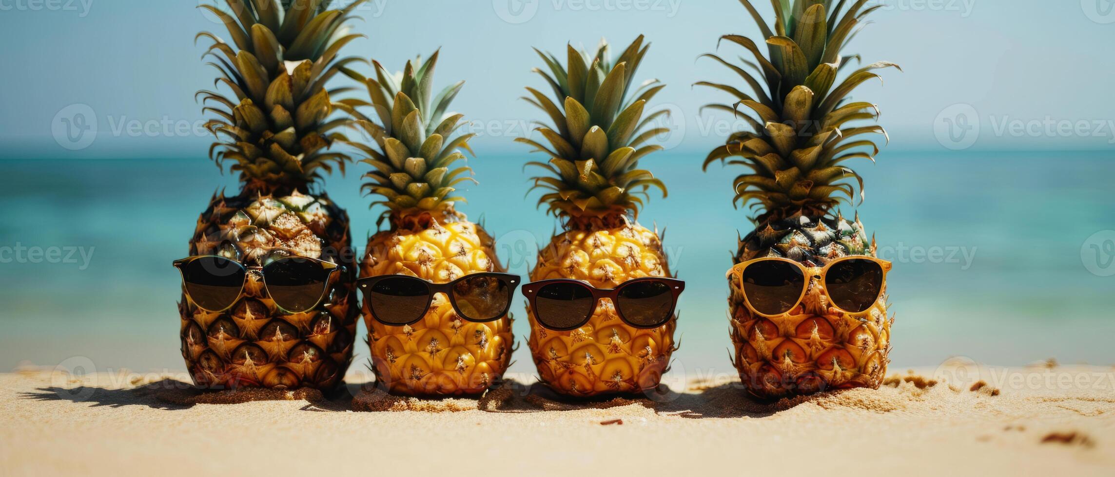 AI generated A quirky of pineapples wearing sunglasses on a sunny beach photo