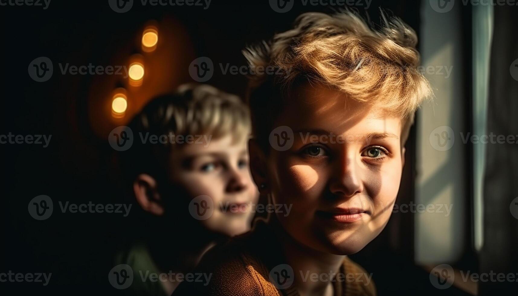 AI generated Two cute boys smiling, looking at camera, enjoying their childhood generated by AI photo