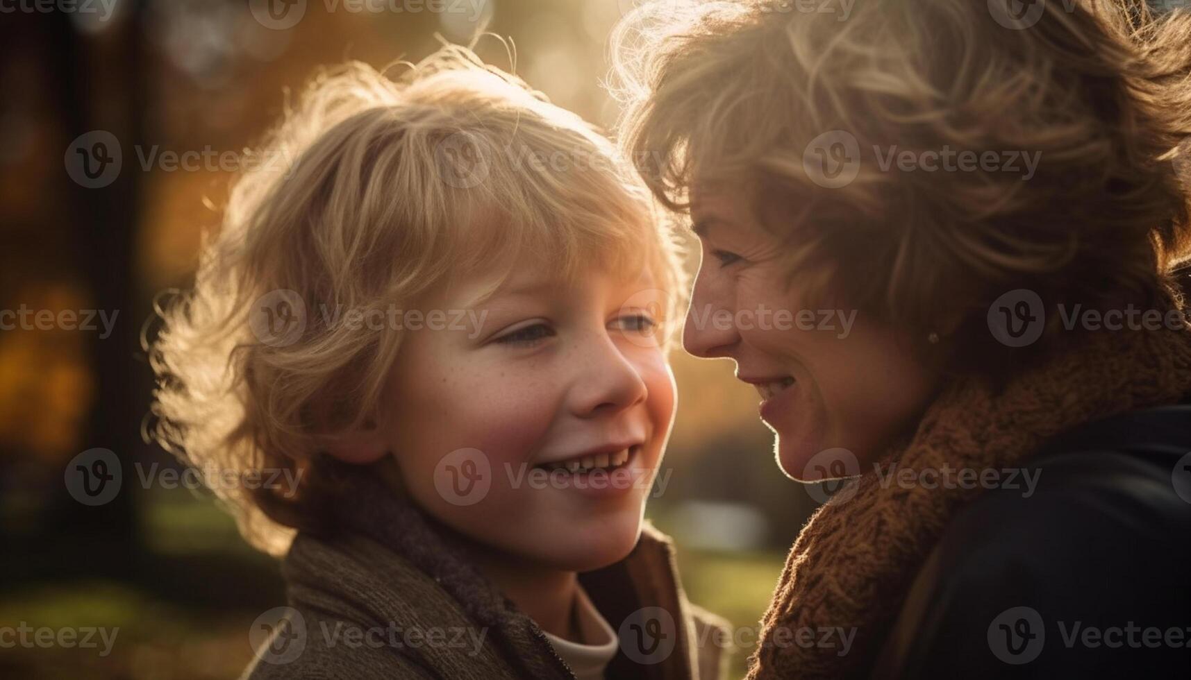 AI generated Smiling boys embrace nature, playfully bonding in warm autumn sunlight generated by AI photo