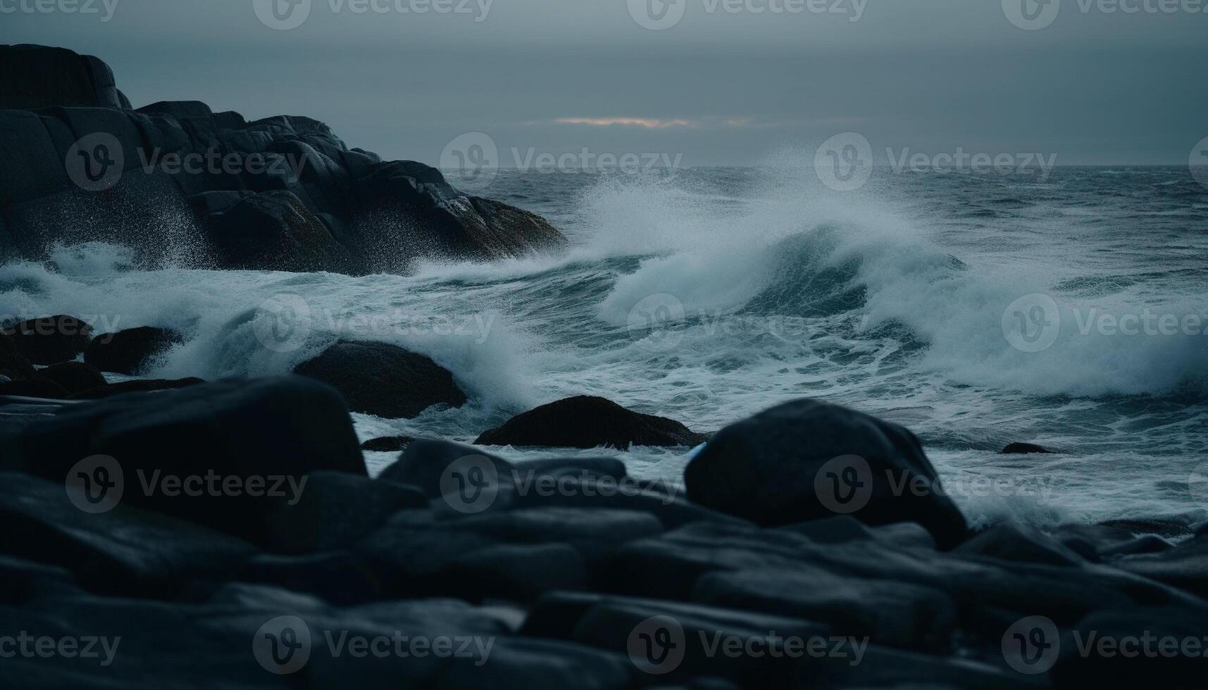 AI generated Breaking waves crash against rocky coastline at dusk, creating a stunning seascape generated by AI photo