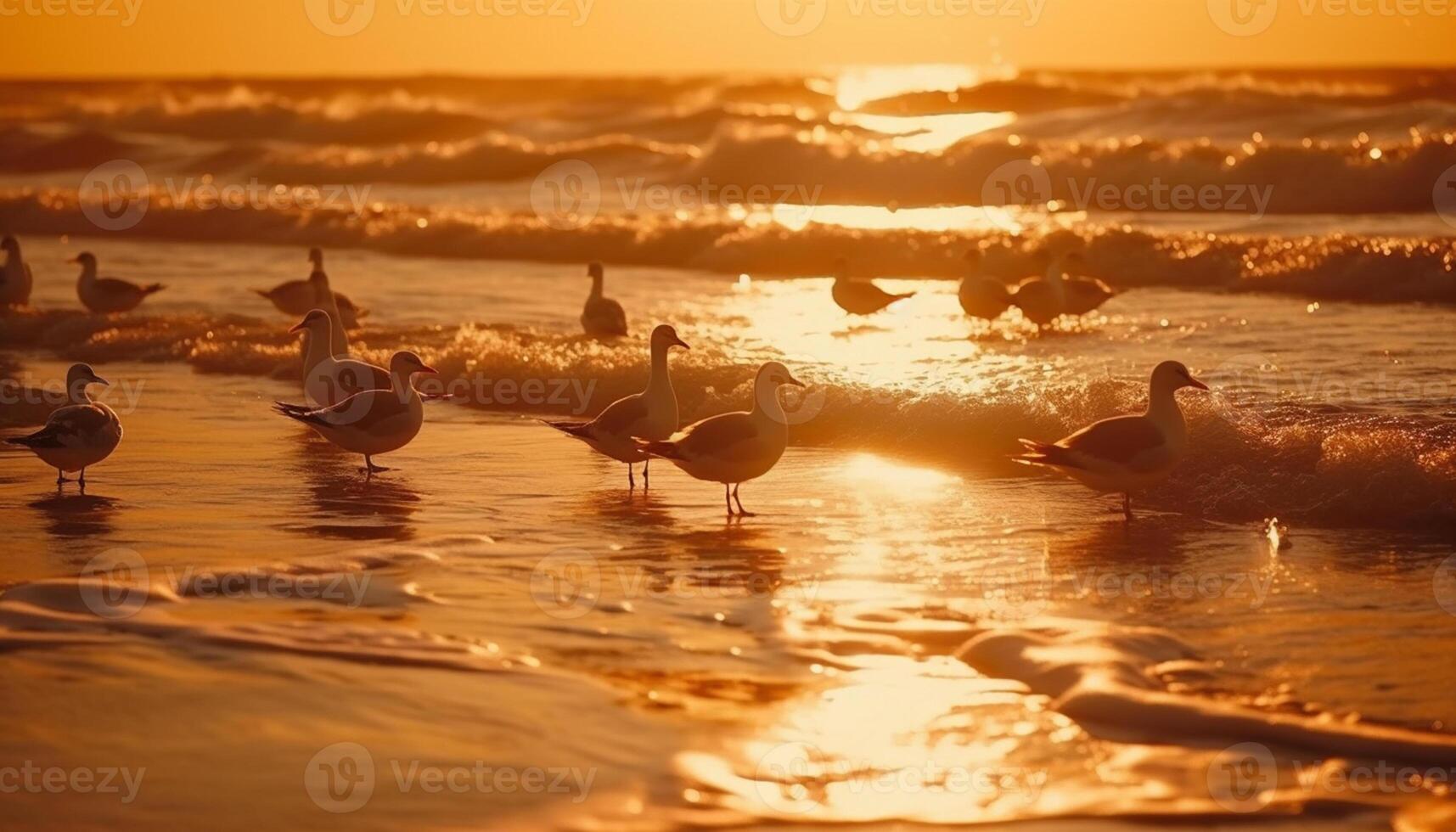 AI generated Sunset over water, animals in the wild, tranquil scene, coastline generated by AI photo