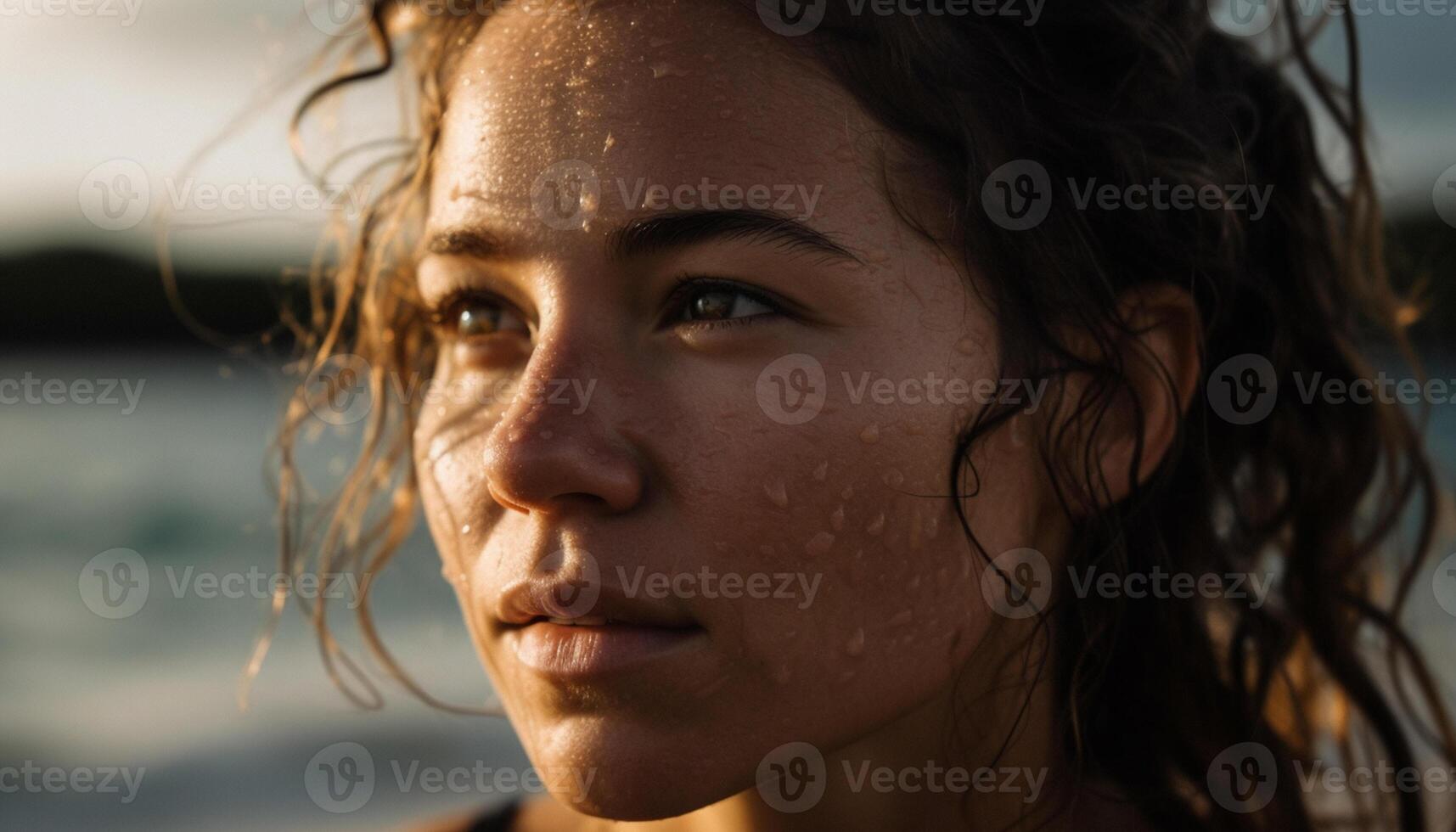 AI generated Young woman with brown hair enjoying the outdoors, looking at water generated by AI photo
