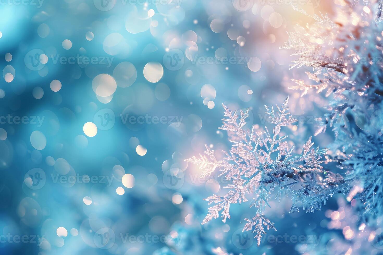 AI generated A detailed view of individual snowflakes against a solid blue backdrop photo