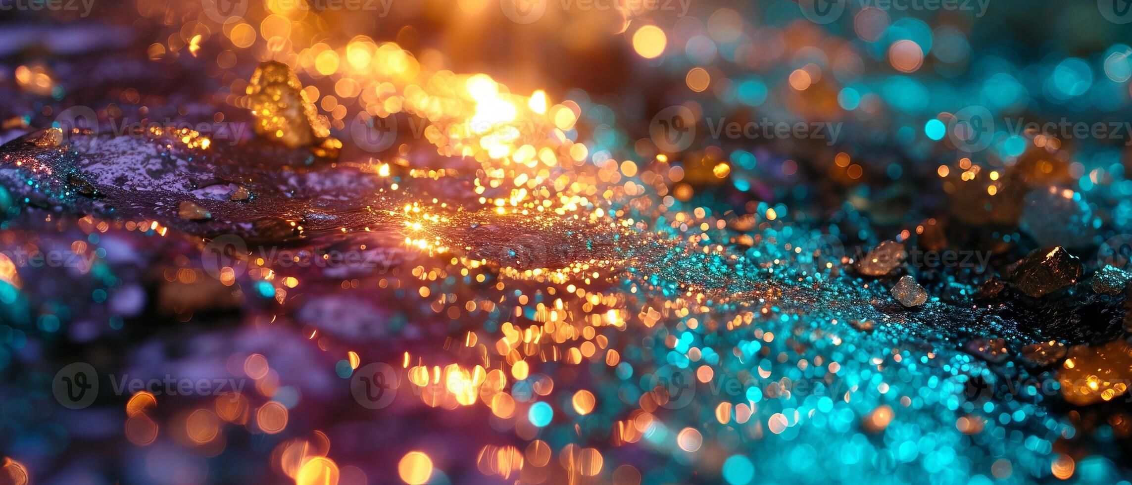 AI generated Vibrant neon lights reflecting on a wet, glitter-covered surface photo