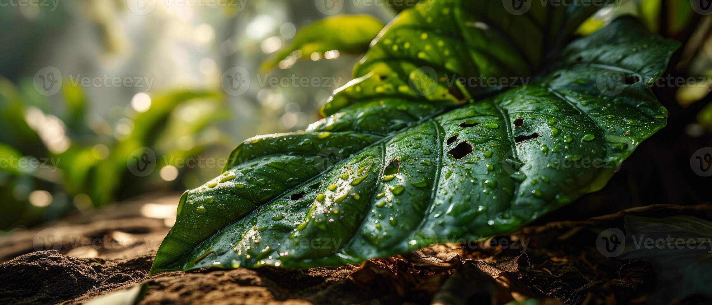 AI generated Sunlight filters through a fresh green leaf covered in dew drops, emphasizing the leaf's intricate vein pattern photo