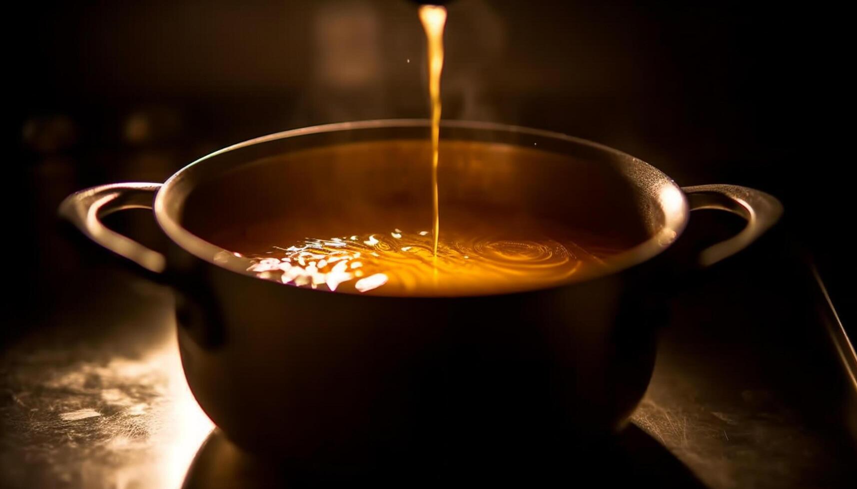 AI generated Hot coffee pouring into a mug, steam rising, dark background generated by AI photo