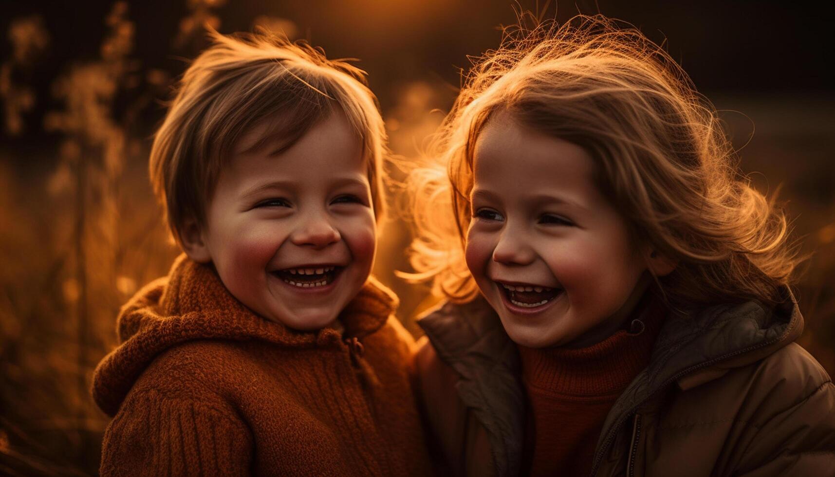 AI generated Smiling child outdoors, cheerful Caucasian boy and cute girl playing generated by AI photo