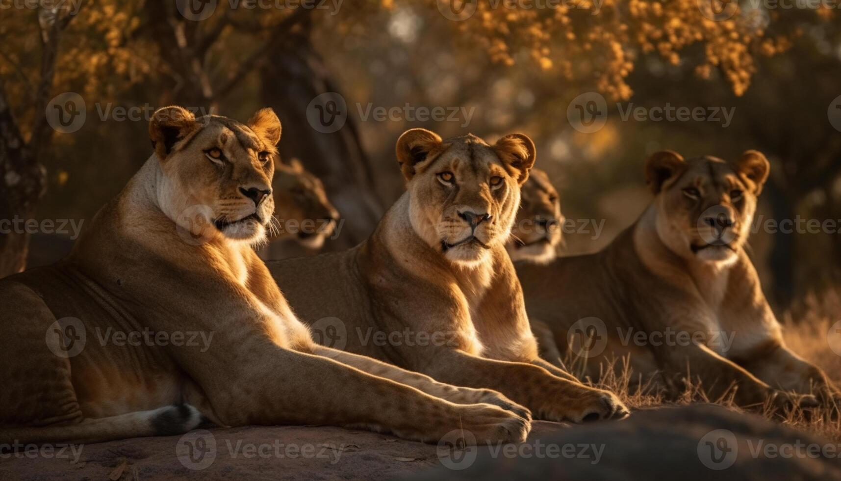 AI generated Lioness and cubs rest in the African wilderness, majestic family generated by AI photo