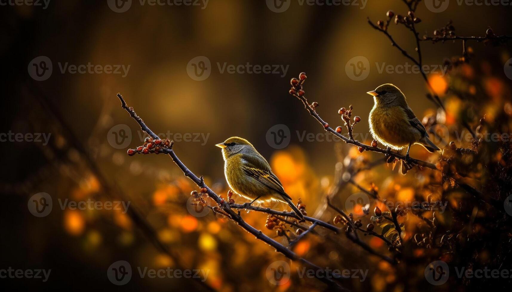 AI generated A small sparrow perching on a branch in the autumn forest generated by AI photo