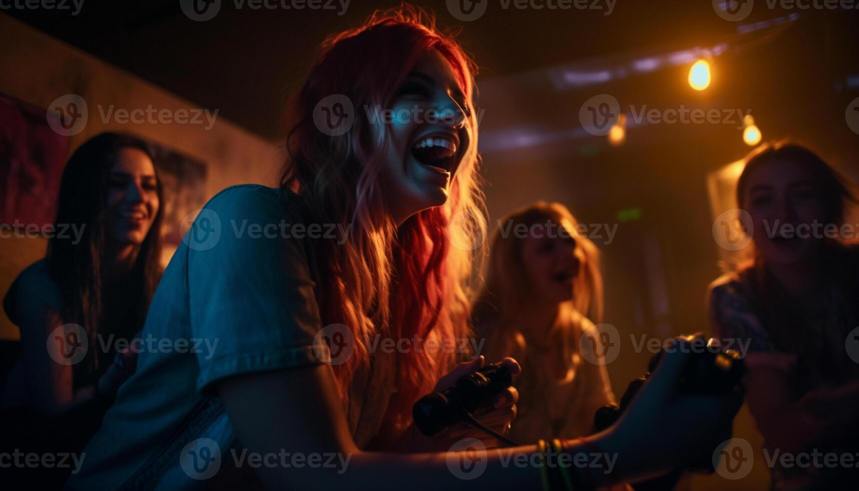 AI generated Young adults enjoying the nightlife at a club, smiling and dancing generated by AI photo