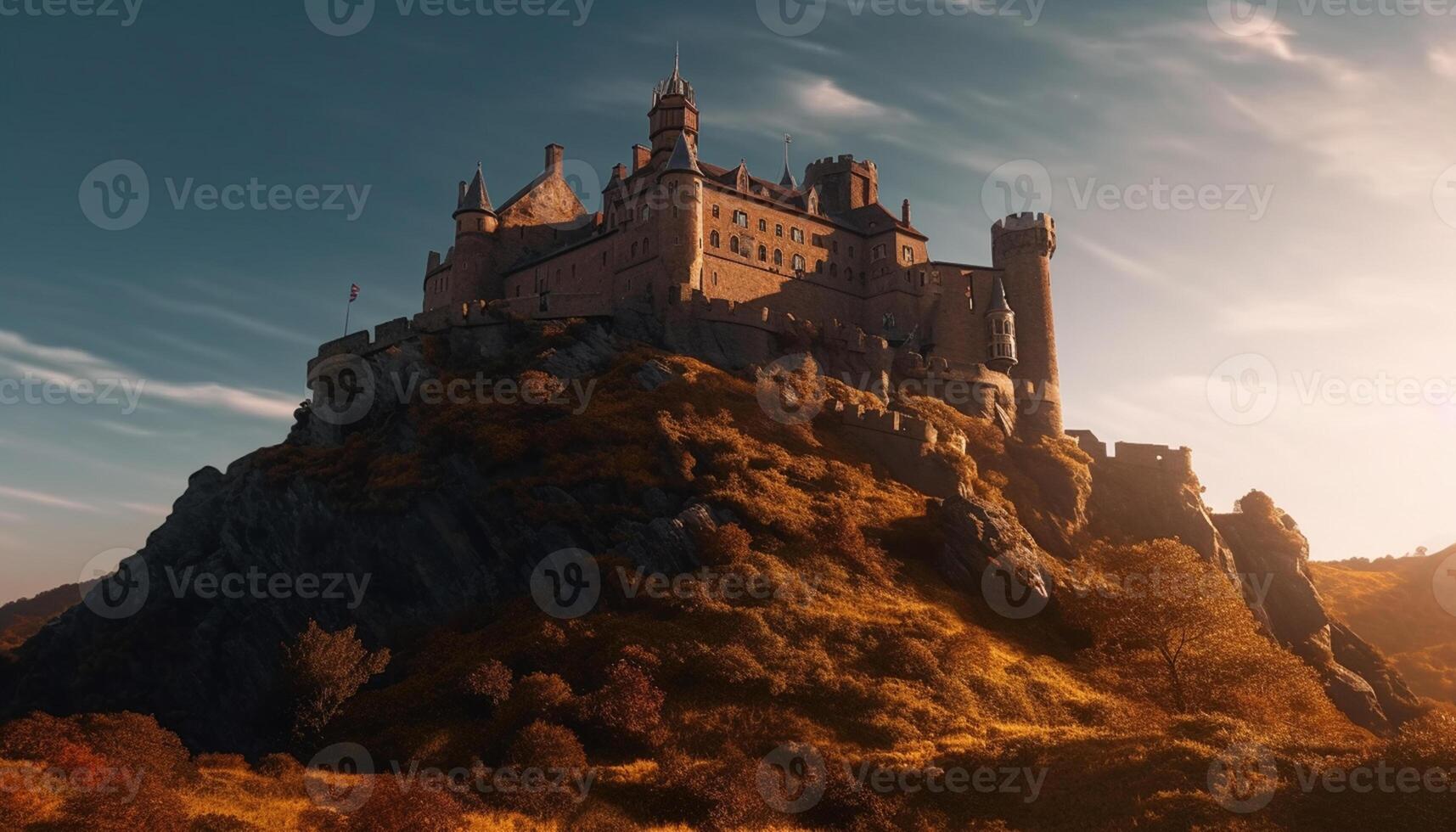 AI generated Ancient ruins, majestic mountains, and a vibrant sunset create spirituality generated by AI photo