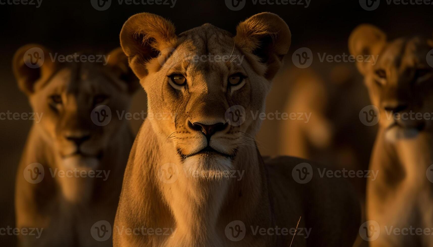 AI generated Majestic lioness walking in the wilderness, staring with alertness generated by AI photo