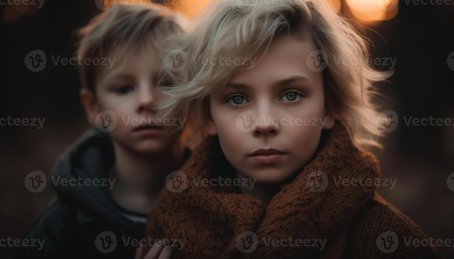AI generated Two cute children, one boy and one girl, smiling outdoors generated by AI photo