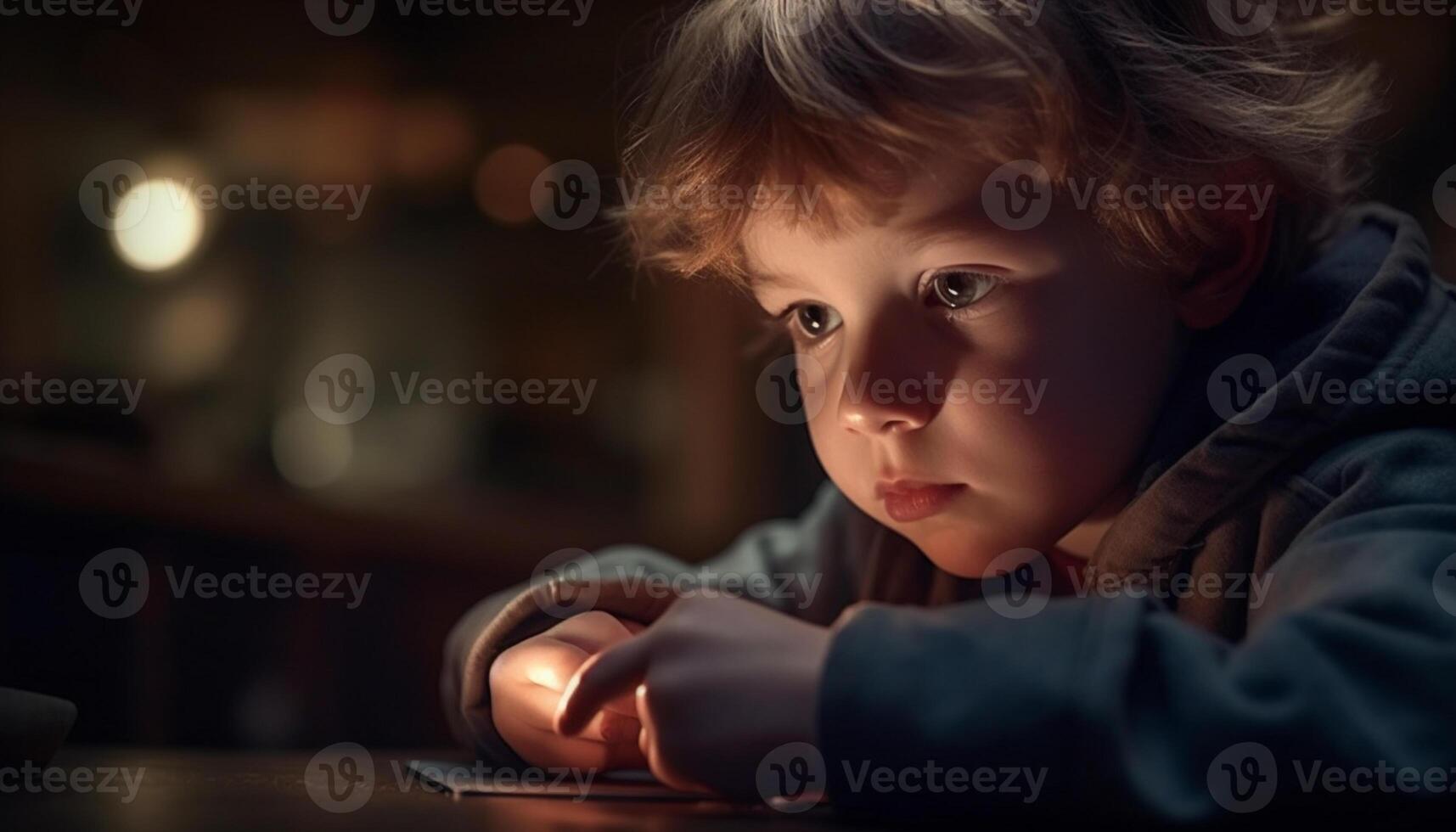 AI generated A cute blond toddler sitting at a table, looking indoors generated by AI photo