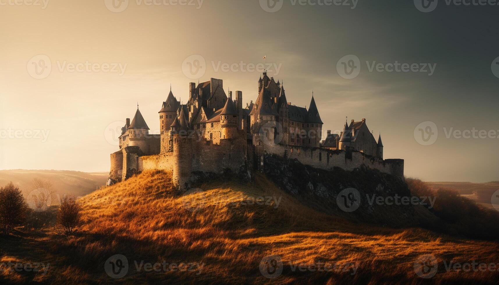 AI generated Medieval architecture outdoors, sunset paints old history in nature famous landscape generated by AI photo