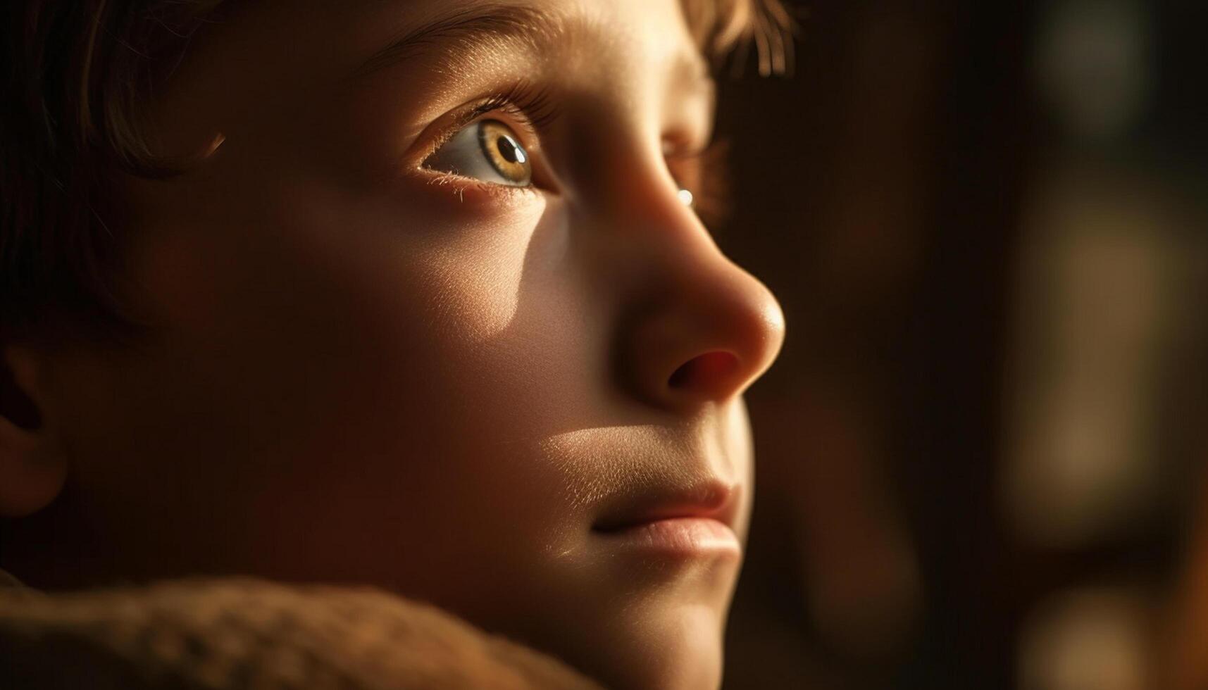 AI generated A cute boy looking up, contemplating nature beauty and innocence generated by AI photo
