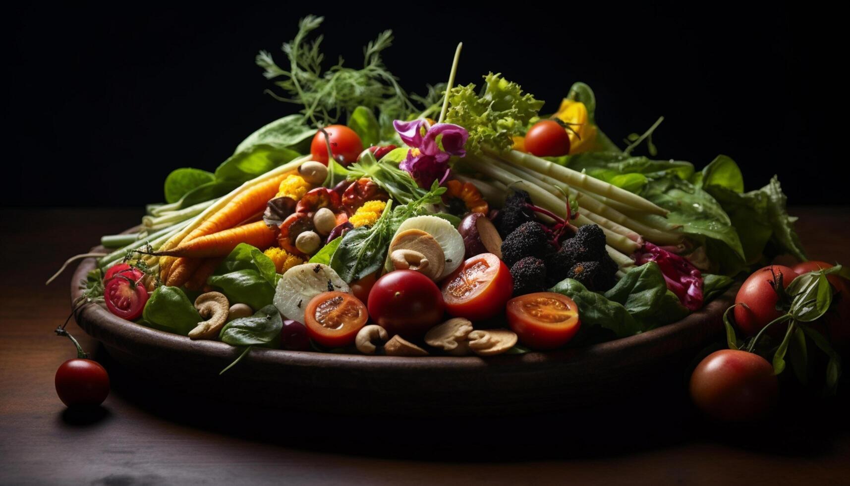 AI generated Fresh, healthy salad with organic vegetables on a wooden bowl generated by AI photo