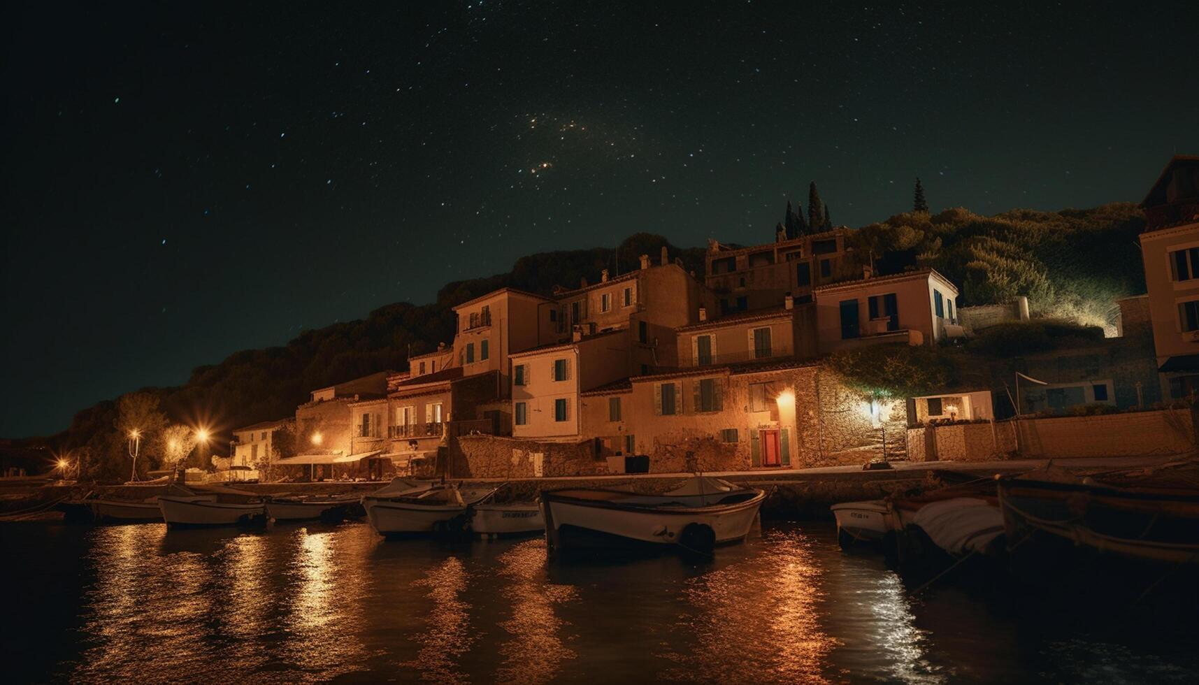 AI generated Night falls on the water, a nautical vessel sails into dusk generated by AI photo