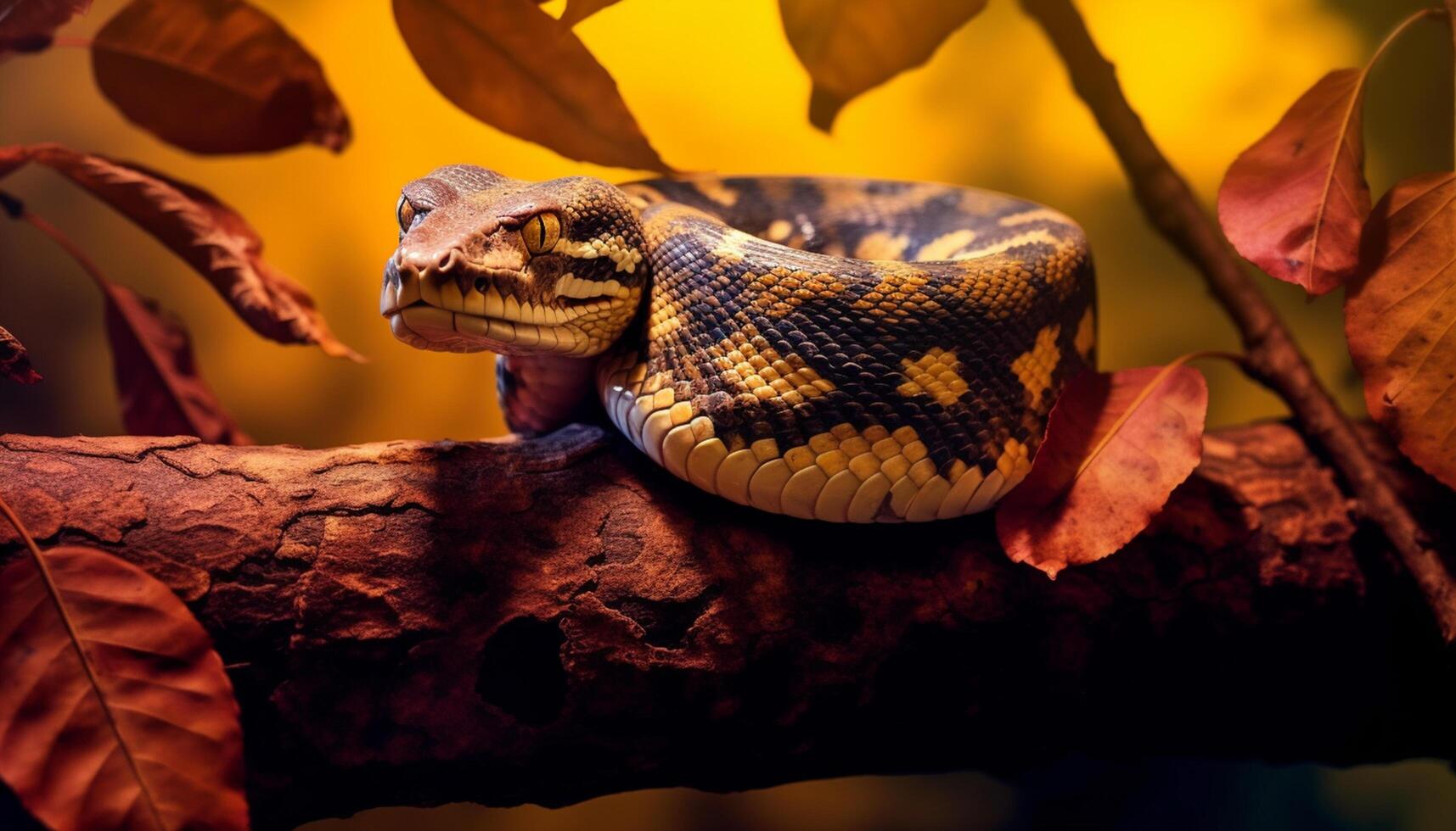 AI generated Spooky snake slithers on branch, danger lurks in the forest generated by AI photo