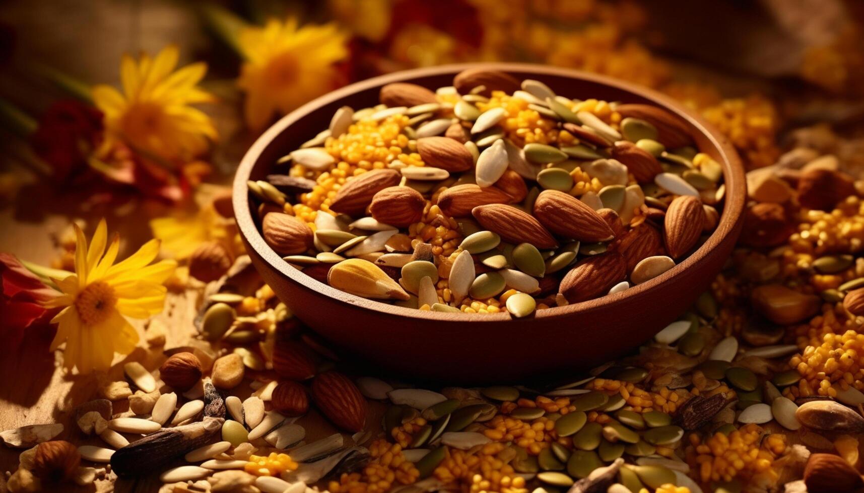 ai generado sano comiendo Fresco orgánico calabaza semillas, Almendras, y girasol semillas generado por ai foto