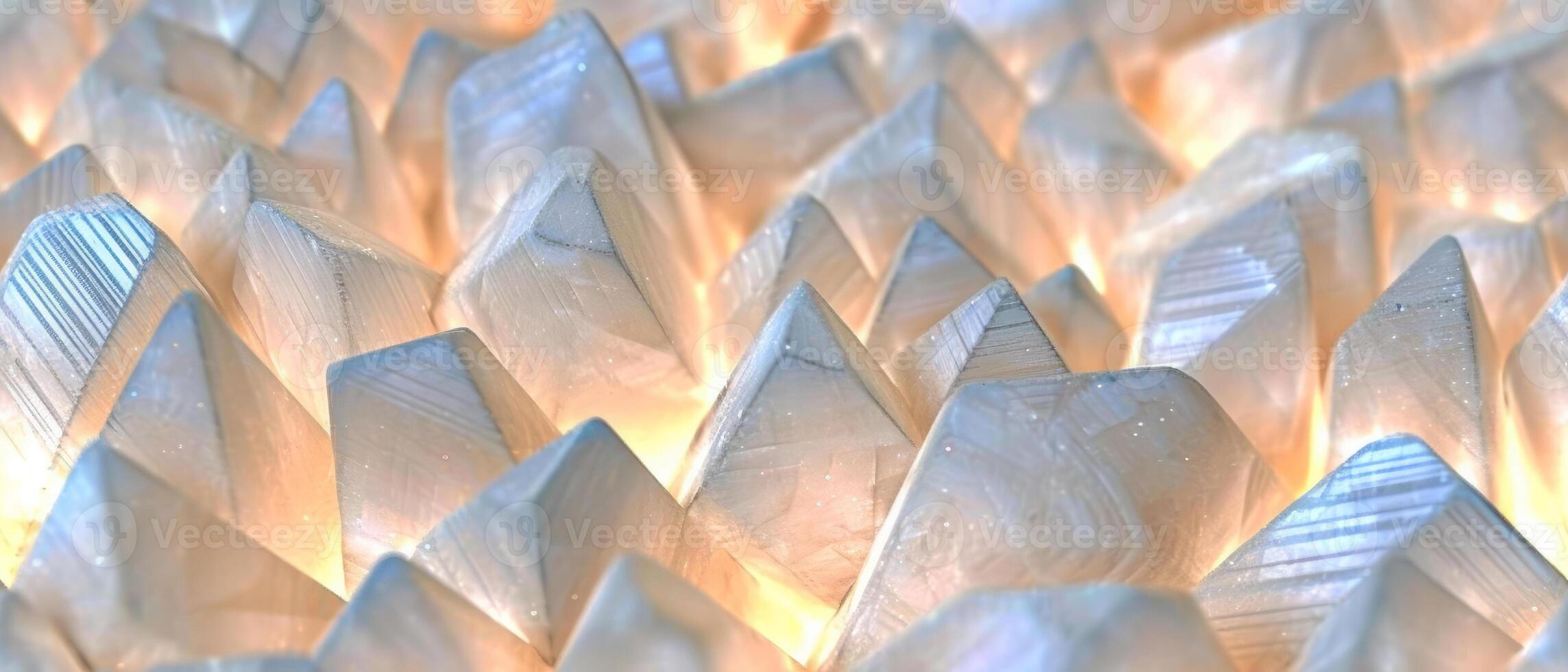 AI generated Forest of geometric, glass-like pyramids, rendered in soft golden and blue hues that create a gentle gradient photo