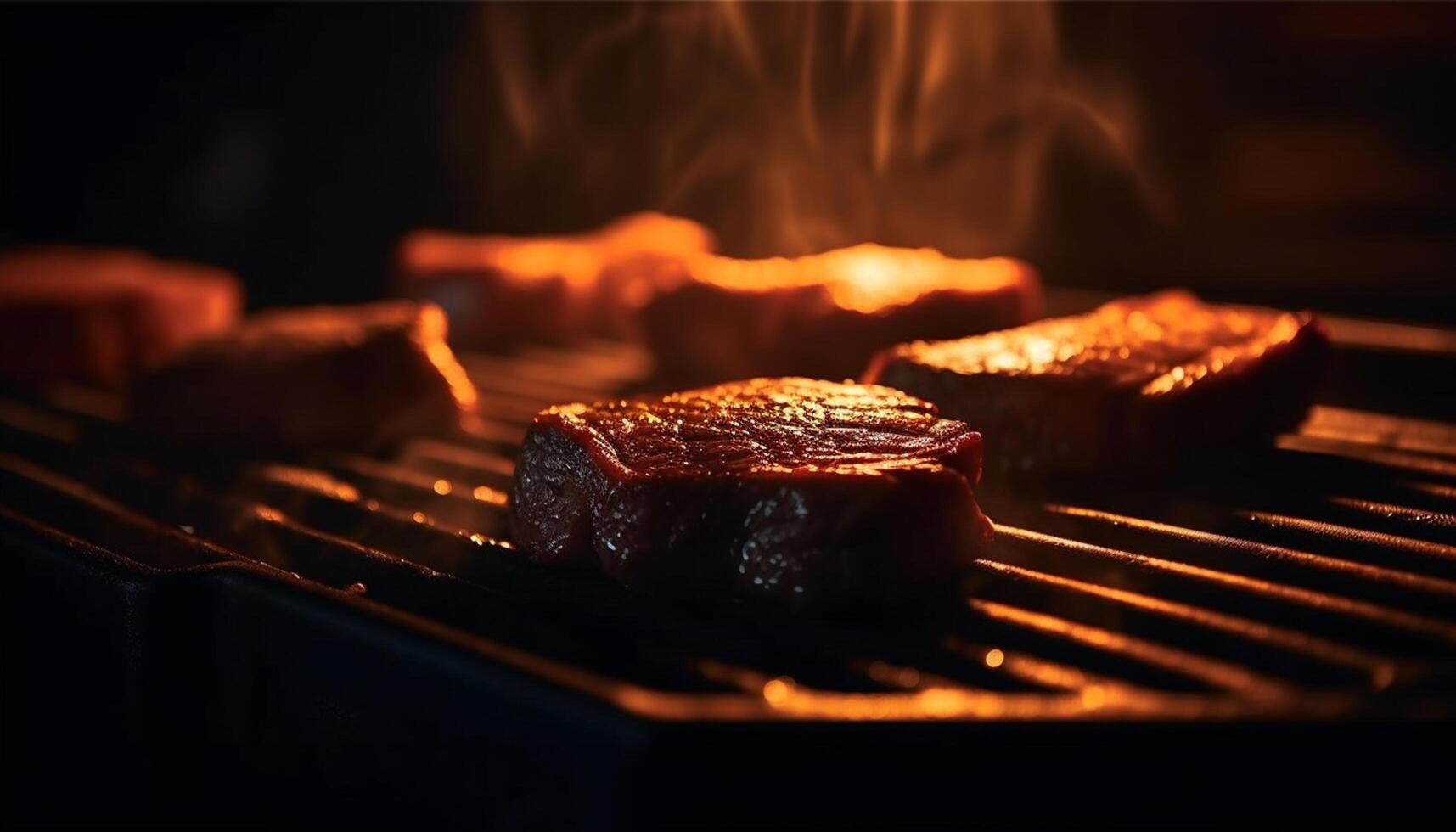 AI generated Grilled meat on a barbecue, flames glowing, ready to eat and delicious generated by AI photo