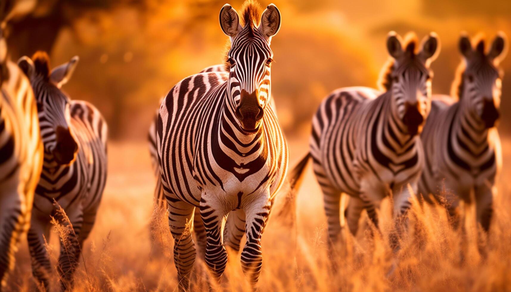 AI generated African sunset paints the plain with a striped zebra herd generated by AI photo