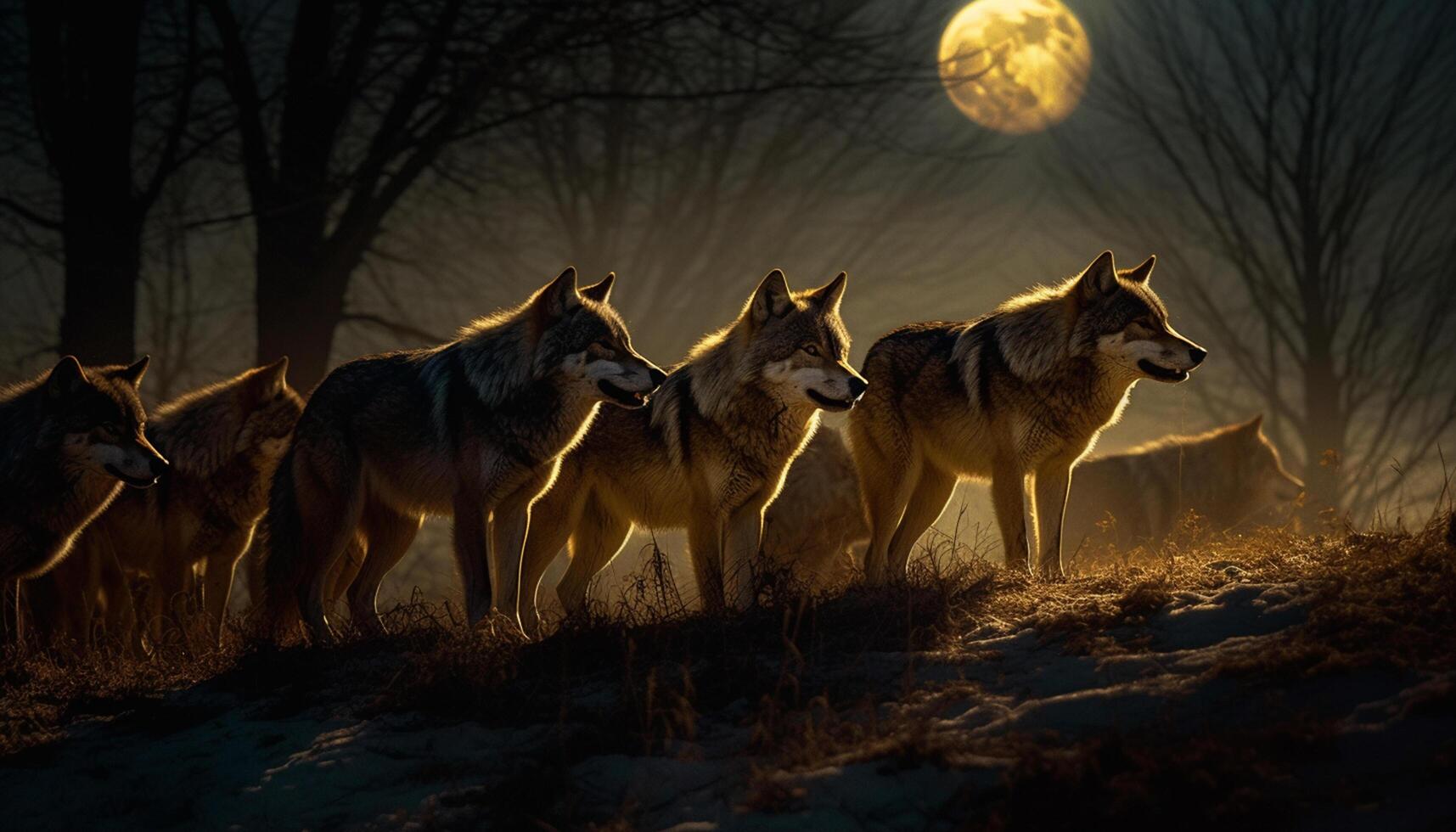 AI generated A wolf pack roams through the snowy forest at dusk generated by AI photo