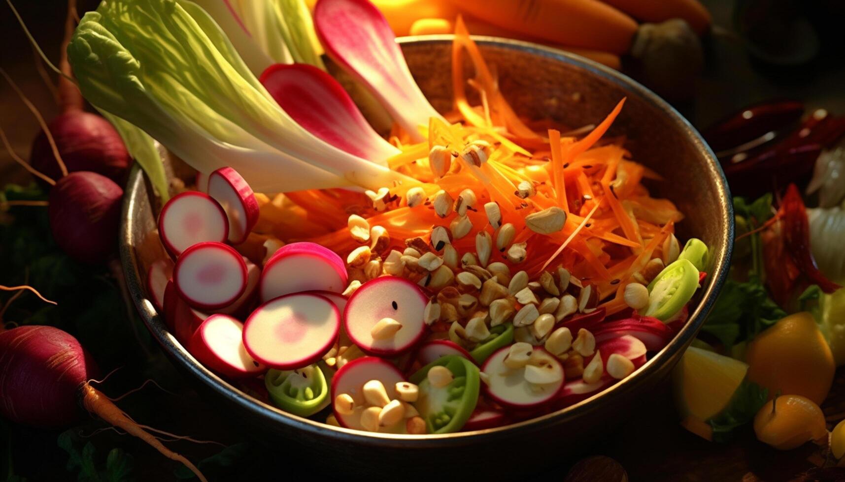 AI generated Freshness and healthy eating in a vegetarian salad bowl with organic vegetables generated by AI photo