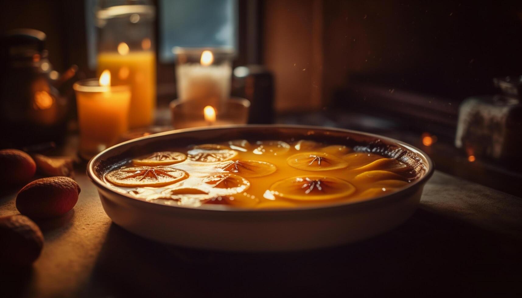 AI generated Burning candle illuminates dark table, gourmet dessert, and winter warmth generated by AI photo