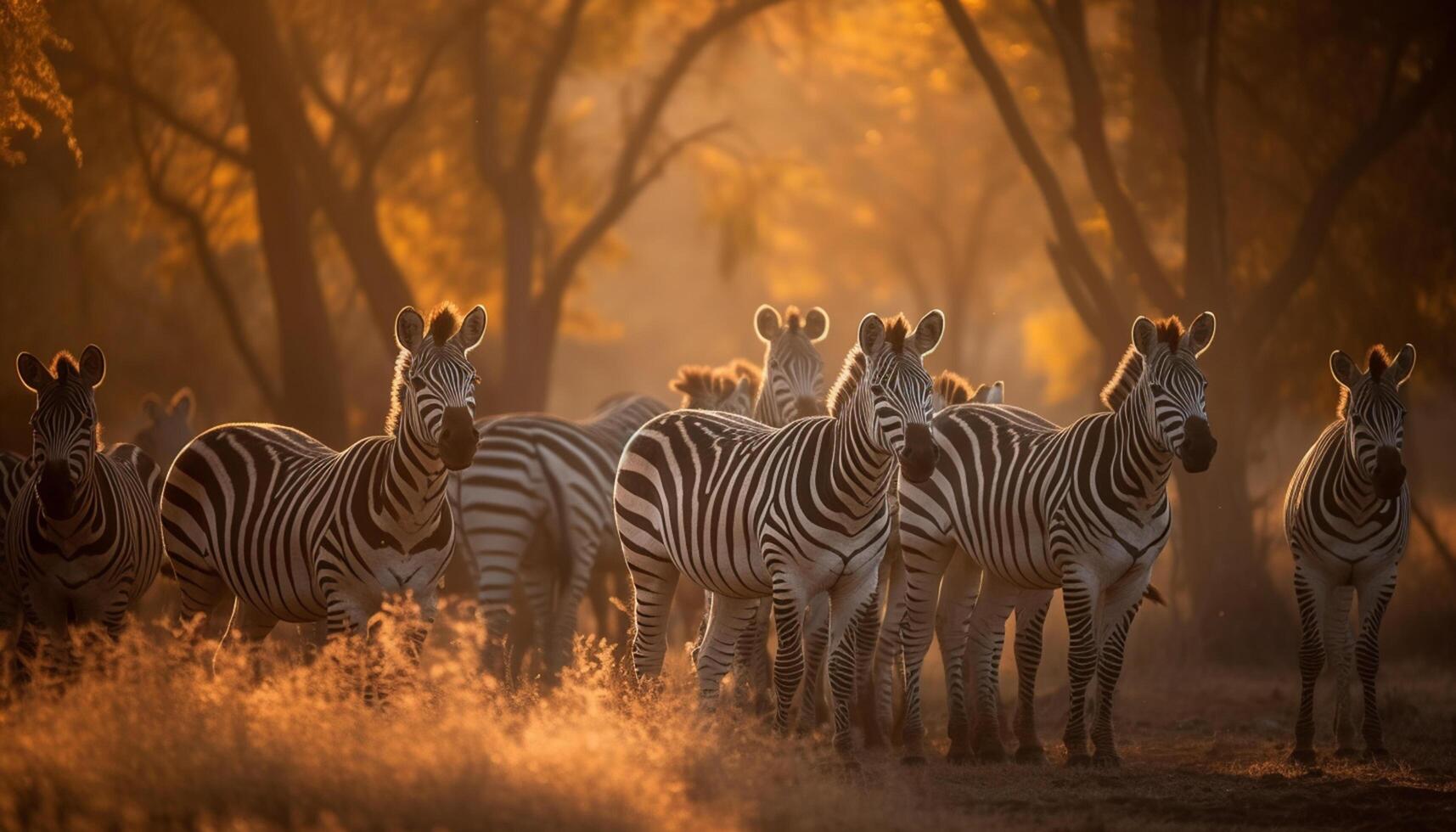 AI generated Zebra herd grazing in the African savannah, surrounded by beauty generated by AI photo