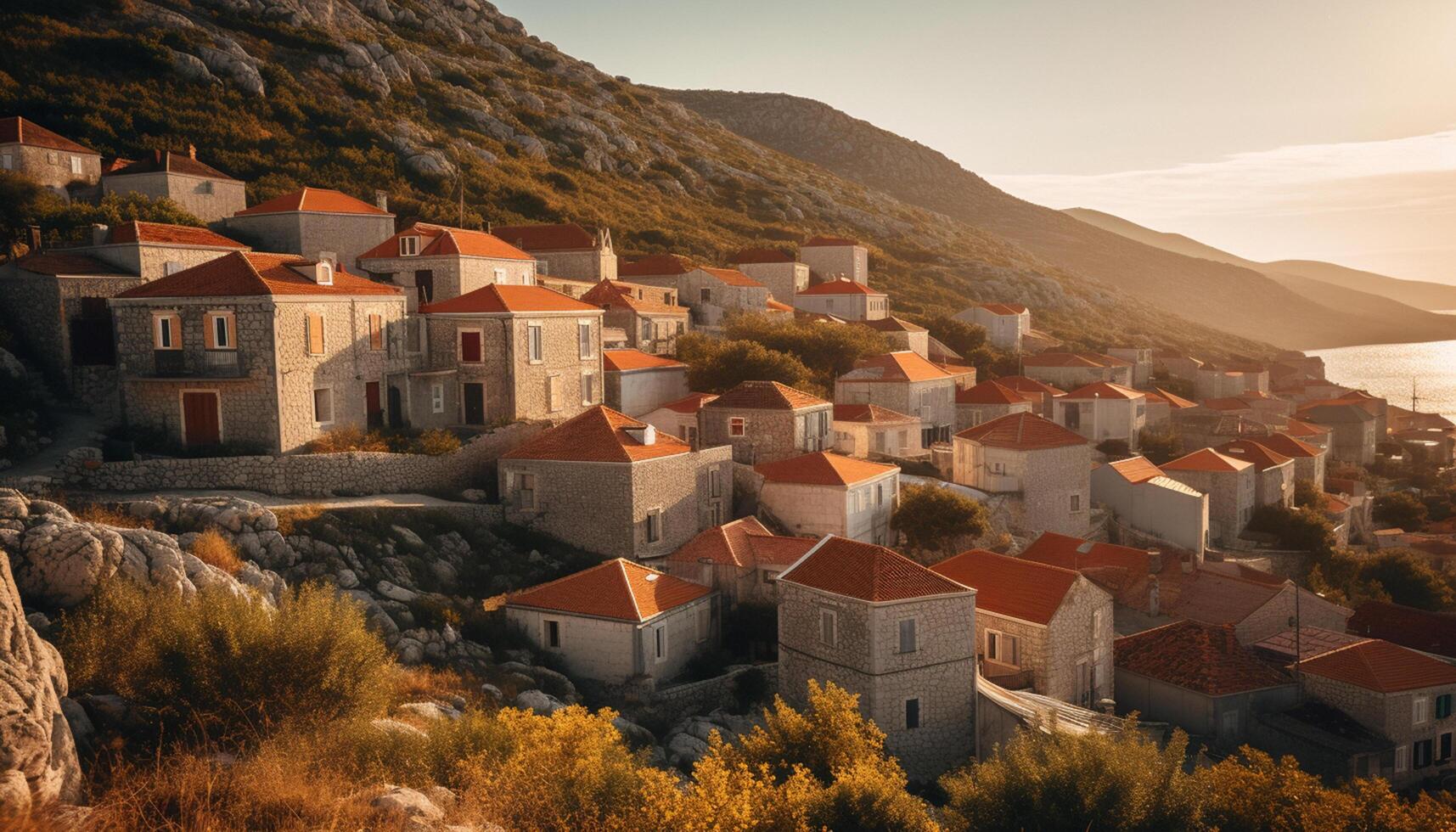 AI generated Roof tiles adorn ancient buildings, framing a tranquil Mediterranean landscape generated by AI photo