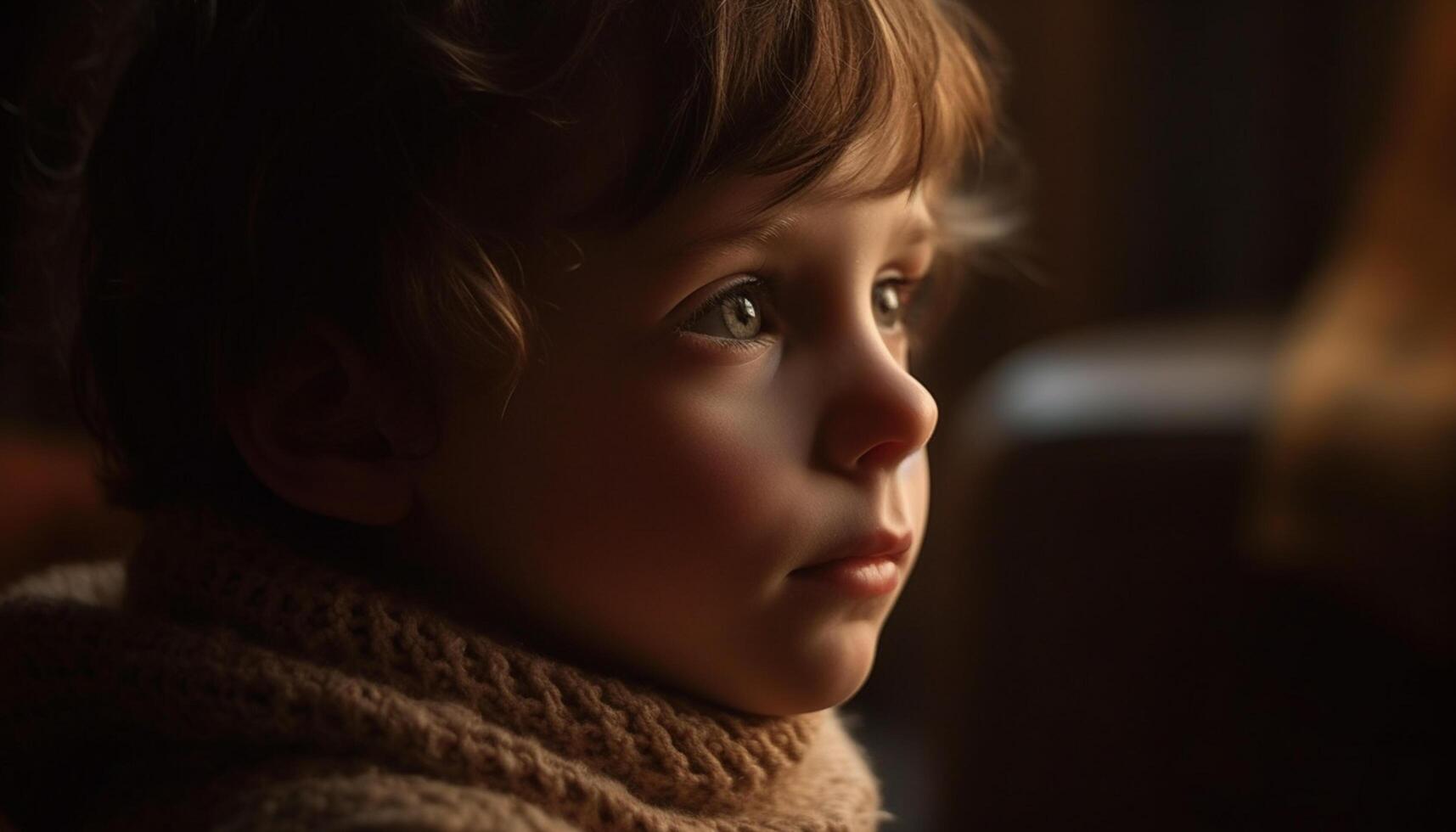 AI generated Cute Caucasian child looking away, smiling, indoors, surrounded by family generated by AI photo